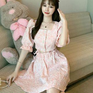 Set: Puff-sleeve Square-neck Cropped Blouse + Mini A-line Skirt