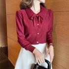 Collared Bow-neck Knit Top Red - One Size
