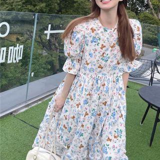 Short-sleeve Floral Print Dress Blue Floral - White - One Size