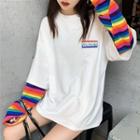 Mock Two-piece Long-sleeve Rainbow Panel T-shirt