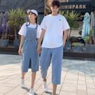 Couple Matching Embroidered Short-sleeve T-shirt / Denim Midi Jumper Dress / Cropped Straight-fit Jeans