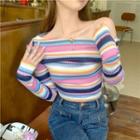 Long-sleeve Off-shoulder Striped Cropped Top Light Purple - One Size