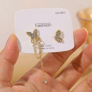 Rhinestone Butterfly Asymmetrical Earring 1 Pair - Asymmetric - Gold - One Size