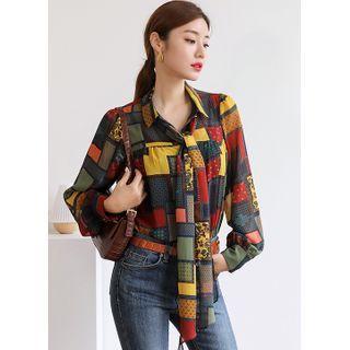 Patterned Chiffon Blouse With Scarf Yellow - One Size