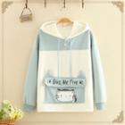 Fleece-lined Lettering Cat Printed Color-block Hoodie