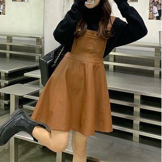 Turtleneck Knit Top / Mini A-line Faux Leather Pinafore Dress