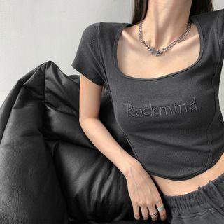 Lettering Square-neck Crop T-shirt In 6 Colors