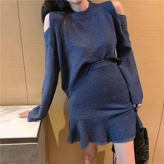 Long-sleeve Off-shoulder Plain Knit Top / High-waist Plain Mermaid Knit Skirt