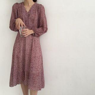 V-neck Floral Long-sleeve Midi A-line Dress Red - One Size