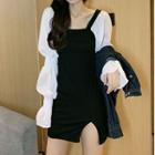 Long-sleeve Mesh Panel Mini Dress White & Black - One Size