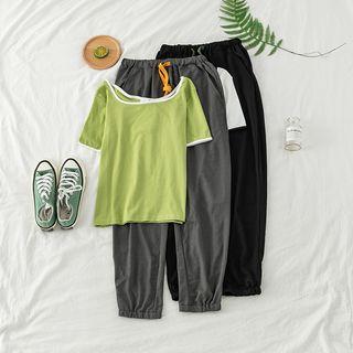 Set: Contrast-trim T-shirt + Drawstring-waist Pants