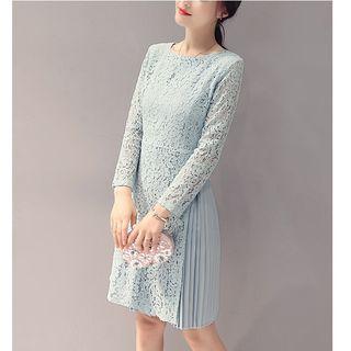 Pleated Hem Long Sleeve Lace Dress