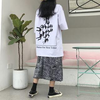 Printed Back Elbow-sleeve Long T-shirt