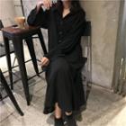 Long-sleeve Polo Collar Plain Dress Black - One Size