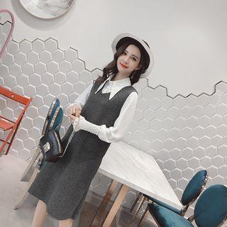 Set: Long-sleeve Blouse + Sleeveless Midi Dress