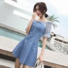 Cold-shoulder Paneled A-line Denim Dress