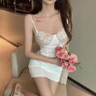 Spaghetti Strap Lace Panel Sheath Dress White - One Size