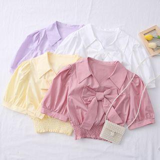 Ribbon-accent Smocked-waist Crop Top