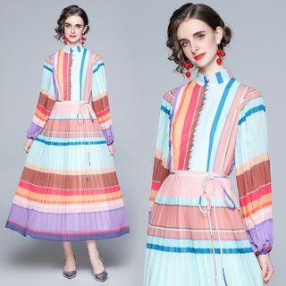 Long-sleeve Color Block Striped Maxi A-line Dress