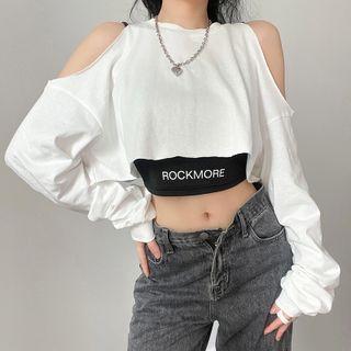 Set: Cold-shoulder Cropped Sweatshirt + Lettering Cropped Tank Top