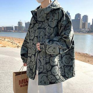 Hooded Smiley Face Print Zip Jacket
