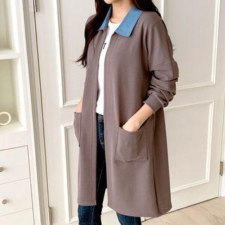 Denim-collar Open-front Longline Cardigan