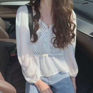 Hook Flower Panel Chiffon Shirt White - One Size