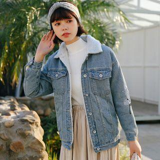 Floral Embroidered Fleece Collar Denim Jacket