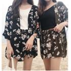 Set: Floral Print 3/4-sleeve Jacket + Wide Leg Shorts