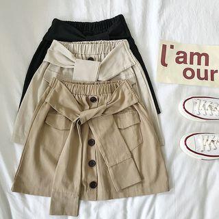 Plain Single-breasted Lace-up Cargo Skirt