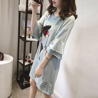 Printed Distressed Elbow-sleeve T-shirt Dress