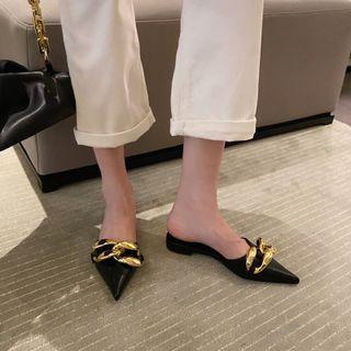 Pointy-toe Metallic Buckle Flat Mules