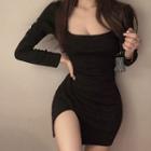 Square-neck Open-side Long-sleeve Dress Black - One Size