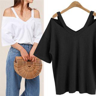 Short-sleeve Cold Shoulder V-neck T-shirt