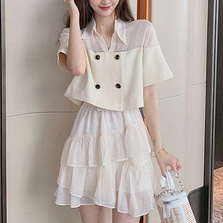 Set: Short Sleeve Double Breasted Cropped Shirt + Plain Layered Mini A-line Skirt