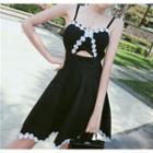 Spaghetti Strap Floral Applique Cut-out Dress