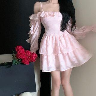 Cold-shoulder Ruffled A-line Layered Dress Pink - One Size