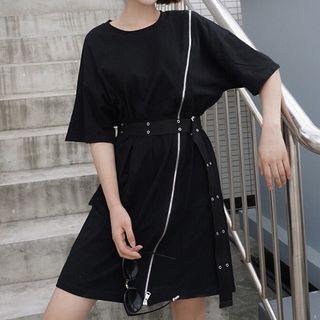Short-sleeve Diagonal Zip T-shirt Dress With Belt