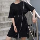 Short-sleeve Diagonal Zip T-shirt Dress With Belt