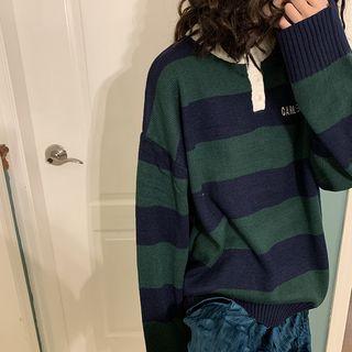 Long-sleeve Color Block Placket Knit Top
