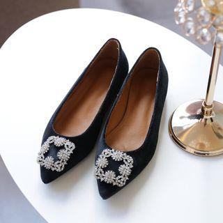 Pointy-toe Rhinestone-accent Velvet Flats