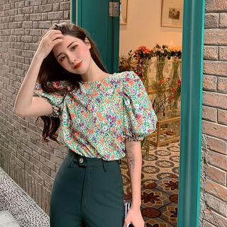 Floral Puff-sleeve Blouse / Plain High-waist Pants