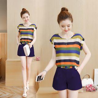 Set : Short-sleeve Stripe Top + Shorts