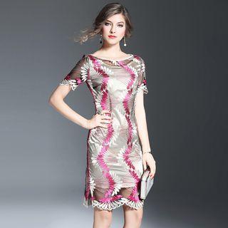 Embroidered Short-sleeve Sheath Dress