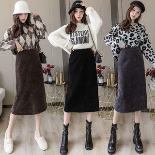 Plain Corduroy Slit-hema-line Skirt