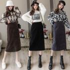 Plain Corduroy Slit-hema-line Skirt