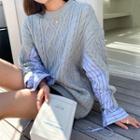 Drawstring Shirt-sleeve Cable-knit Sweater