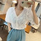 Elbow-sleeve Flower Applique Button-up Top