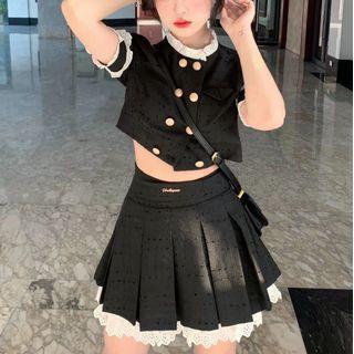 Short-sleeve Double-breasted Blouse / Pleated A-line Skirt