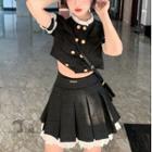 Short-sleeve Double-breasted Blouse / Pleated A-line Skirt
